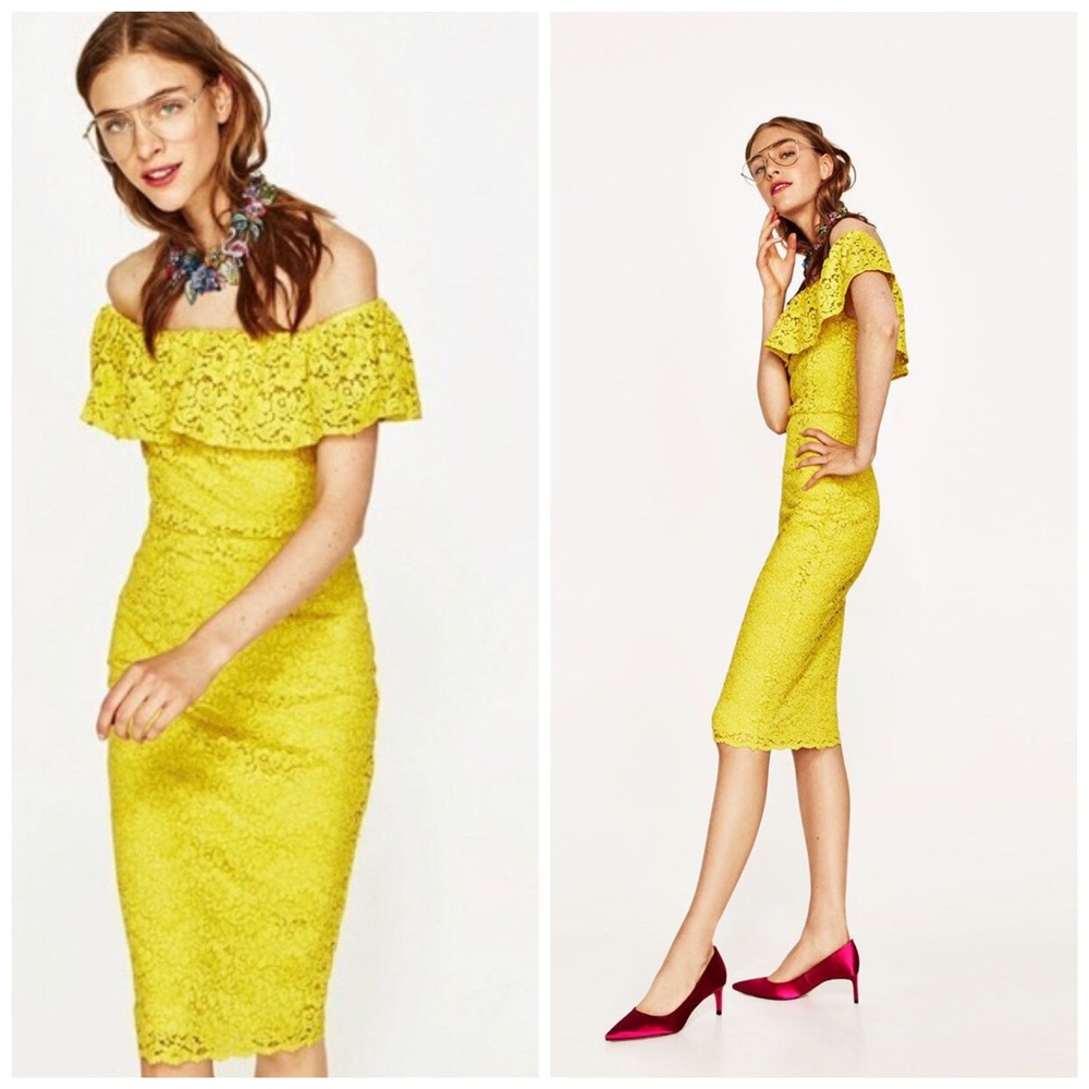 Gorgeous Bright Yellow Off-shoulder Lace Dress